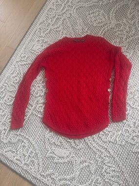 JEANNE PIERRE Red Cable-Knit Crewneck Sweater with Side Buttons 100%cotton